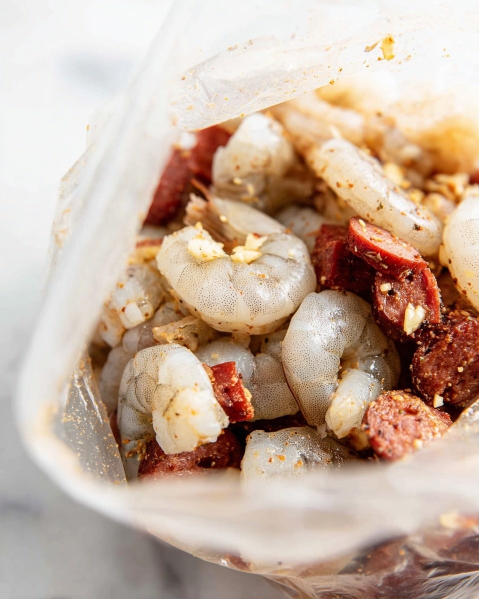 The image shows a close-up of a clear plastic bag filled with raw shrimp and small pieces of reddish meat, likely sausage, all mixed with visible bits of minced garlic and spices. The shrimp are white-grey with a slightly translucent texture, while the sausage pieces have a reddish-brown color and a firm texture. The bag is resting on a white marbled surface, and the bright lighting highlights the seasoning and moisture on the seafood and meat. photo taken with an iphone --ar 4:5 --v 7