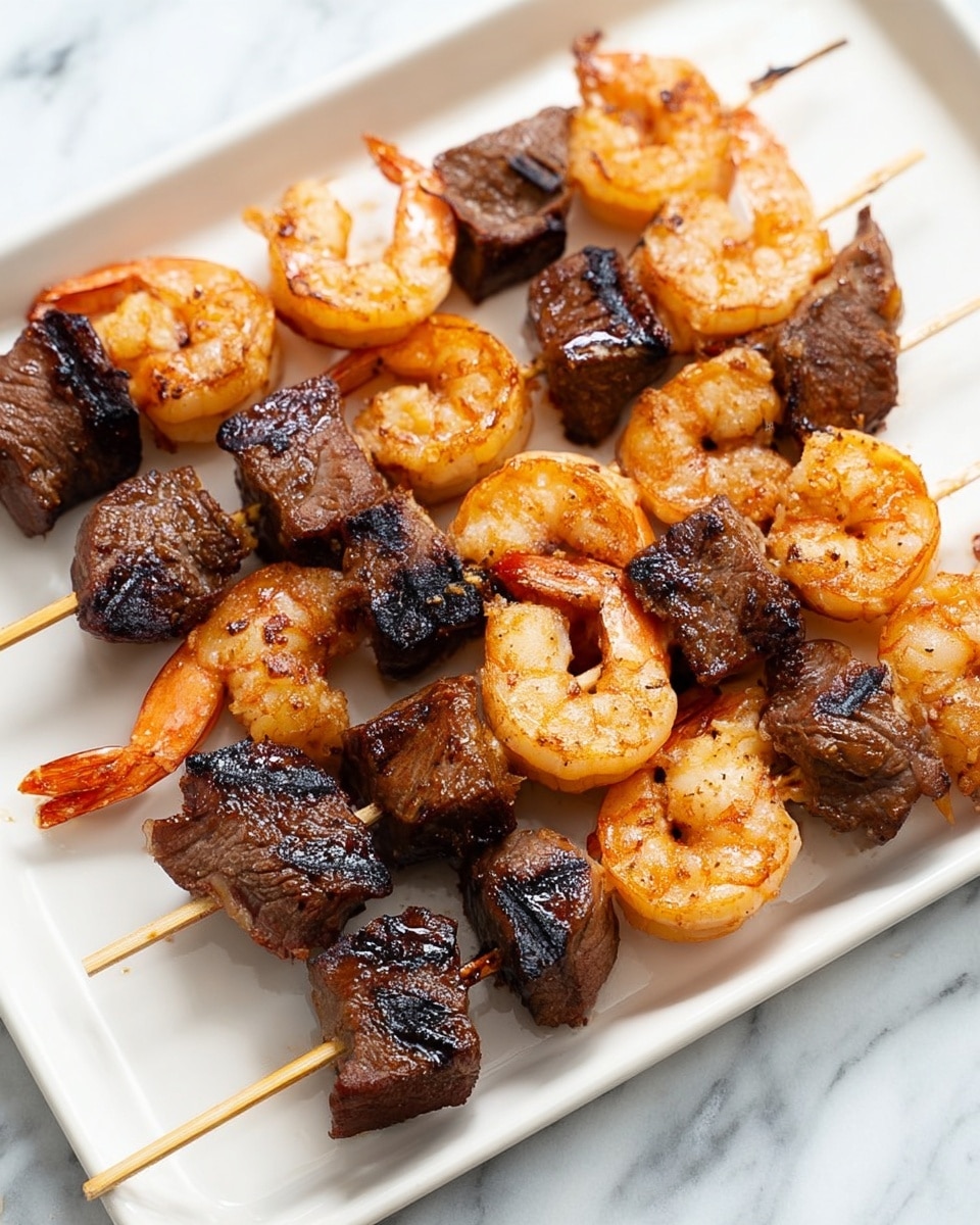 The image shows several grilled skewers laid on a white rectangular tray placed on a white marbled surface. Each skewer has alternating pieces of shrimp and beef, with three shrimp and two beef pieces per skewer. The shrimp are orange with slight grill marks and a shiny texture, while the beef pieces are dark brown with clear charred lines and a slightly rougher surface. The shrimp and beef are evenly spaced on thin wooden sticks, and the white tray highlights the colors of the food clearly. photo taken with an iphone --ar 4:5 --v 7