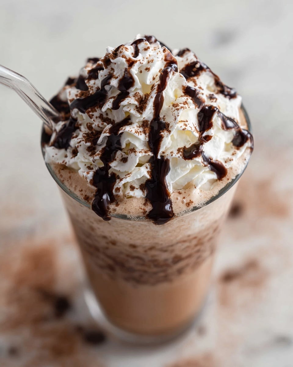 A glass filled with a light brown drink topped with a thick layer of white whipped cream. The whipped cream is swirled high with soft, smooth texture and generously drizzled with dark chocolate syrup in an uneven pattern. The drink surface around the cream has a dusting of fine brown powder. The glass is set on a white marbled surface, and a clear straw is placed inside the glass. photo taken with an iphone --ar 4:5 --v 7