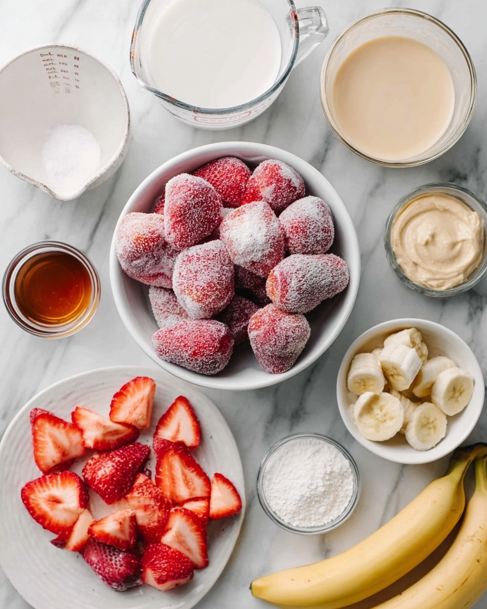 The image shows a top view of various ingredients on a white marbled surface, featuring a central white bowl filled with frozen whole strawberries covered in frost. Around the bowl, there are multiple ingredients: sliced fresh strawberries on a white round dish at the bottom, a small white bowl with a beige creamy substance at the top right, a glass measuring cup with white liquid at the top left, a small white dish with brown liquid near the left side, a white measuring cup filled with a white powdery ingredient near the bottom left, slices of banana on the top center, and two peeled bananas placed on a white plate at the bottom right. The overall colors are soft whites, reds from the strawberries, and yellow from the bananas. photo taken with an iphone --ar 4:5 --v 7