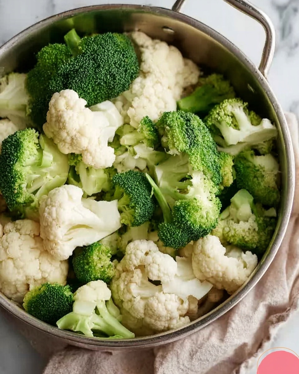 A close-up view of a metal pot filled with fresh broccoli and cauliflower florets. The broccoli is green with a rough texture, while the cauliflower is creamy white and bumpy. Both vegetables are placed together, filling the pot evenly. The pot is set on a white marbled surface with a folded beige cloth underneath. A small part of a pink round object is visible at the bottom right corner. photo taken with an iphone --ar 4:5 --v 7