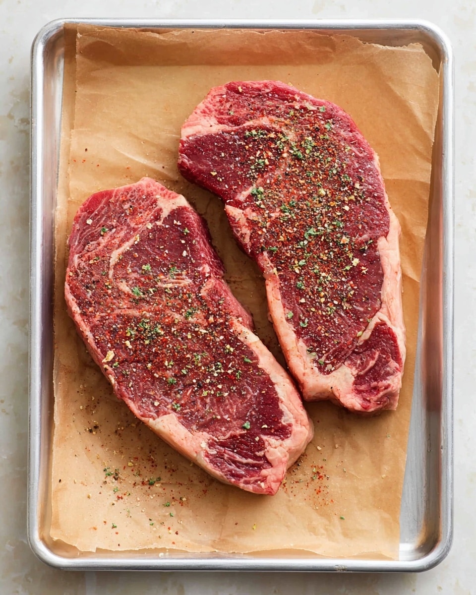 Two large raw steaks lay flat side by side on a sheet of light brown parchment paper, which covers a silver metal baking tray. Each steak is richly red with marbled white fat and is sprinkled evenly with a mix of coarse black pepper, red spices, and green dried herbs, giving the surface a textured, speckled look. The tray rests on a smooth white marbled surface. photo taken with an iphone --ar 4:5 --v 7