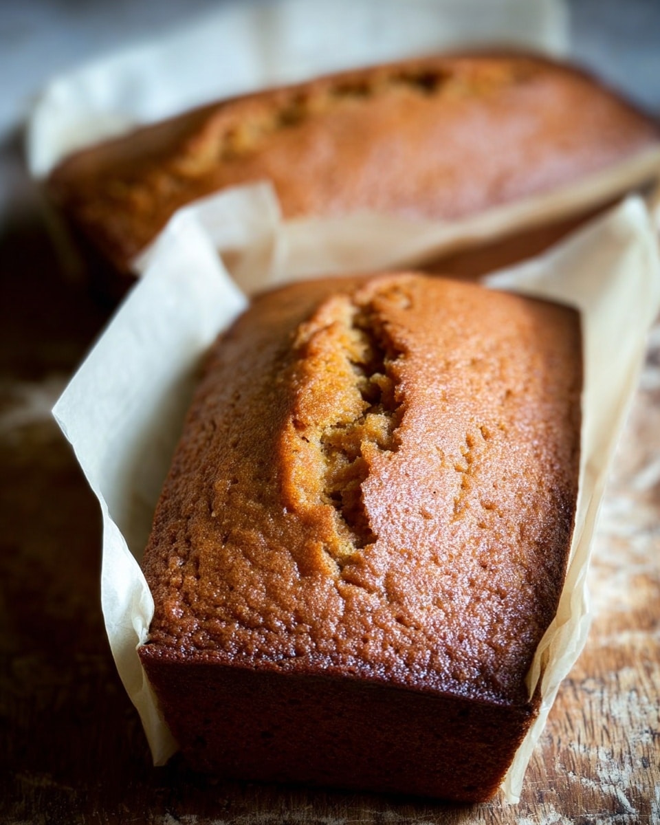 A close-up image of two rectangular brown cakes with a slightly cracked crust on top, showing a golden-brown baked texture. Each cake is inside a white parchment paper lining, resting on a wooden surface blurred in the background, emphasizing the warm and soft surface of the cakes. The lighting highlights the rough, slightly uneven top with a soft crumb visible through the crack. Photo taken with an iphone --ar 4:5 --v 7