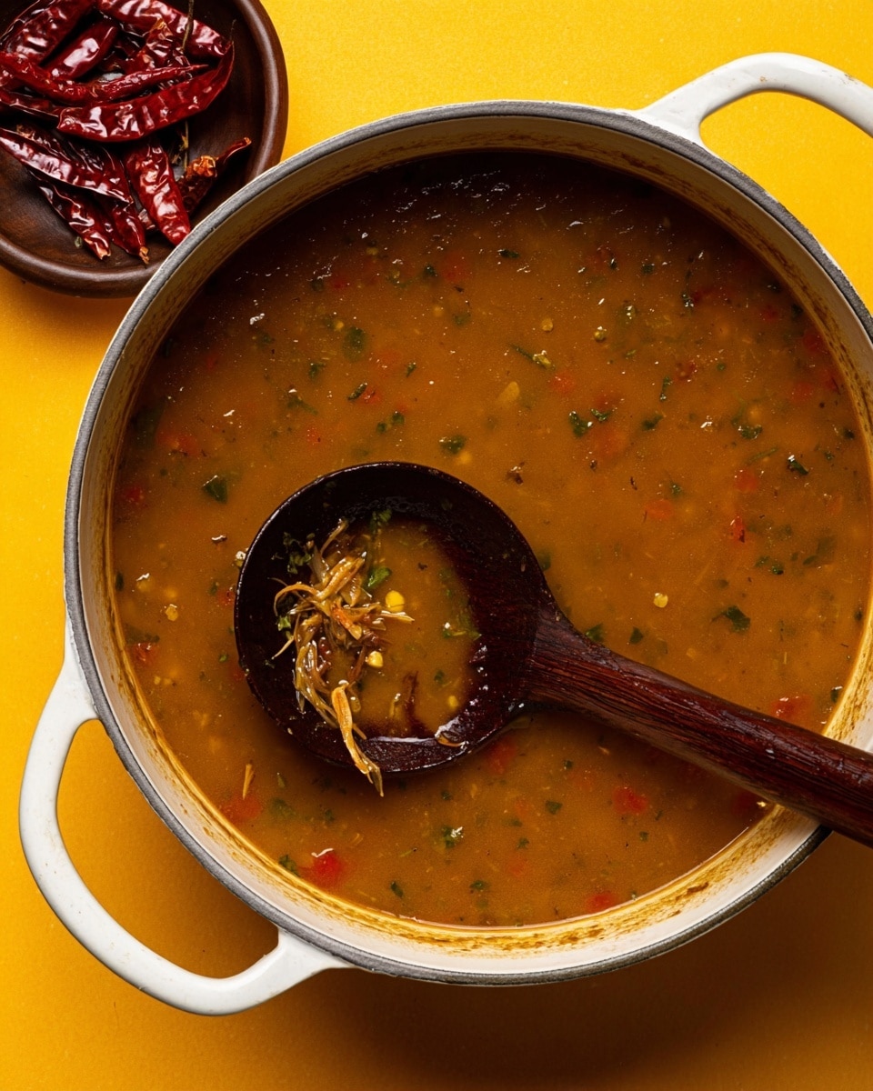 A single large white pot filled with a brown soup that has small bits of vegetables and herbs mixed in throughout the broth, a dark wooden ladle with a long handle resting in the soup with some shredded pieces caught in it; the background is a solid yellow color, and part of a dark bowl with red dried chili peppers is visible near the top left corner photo taken with an iphone --ar 4:5 --v 7