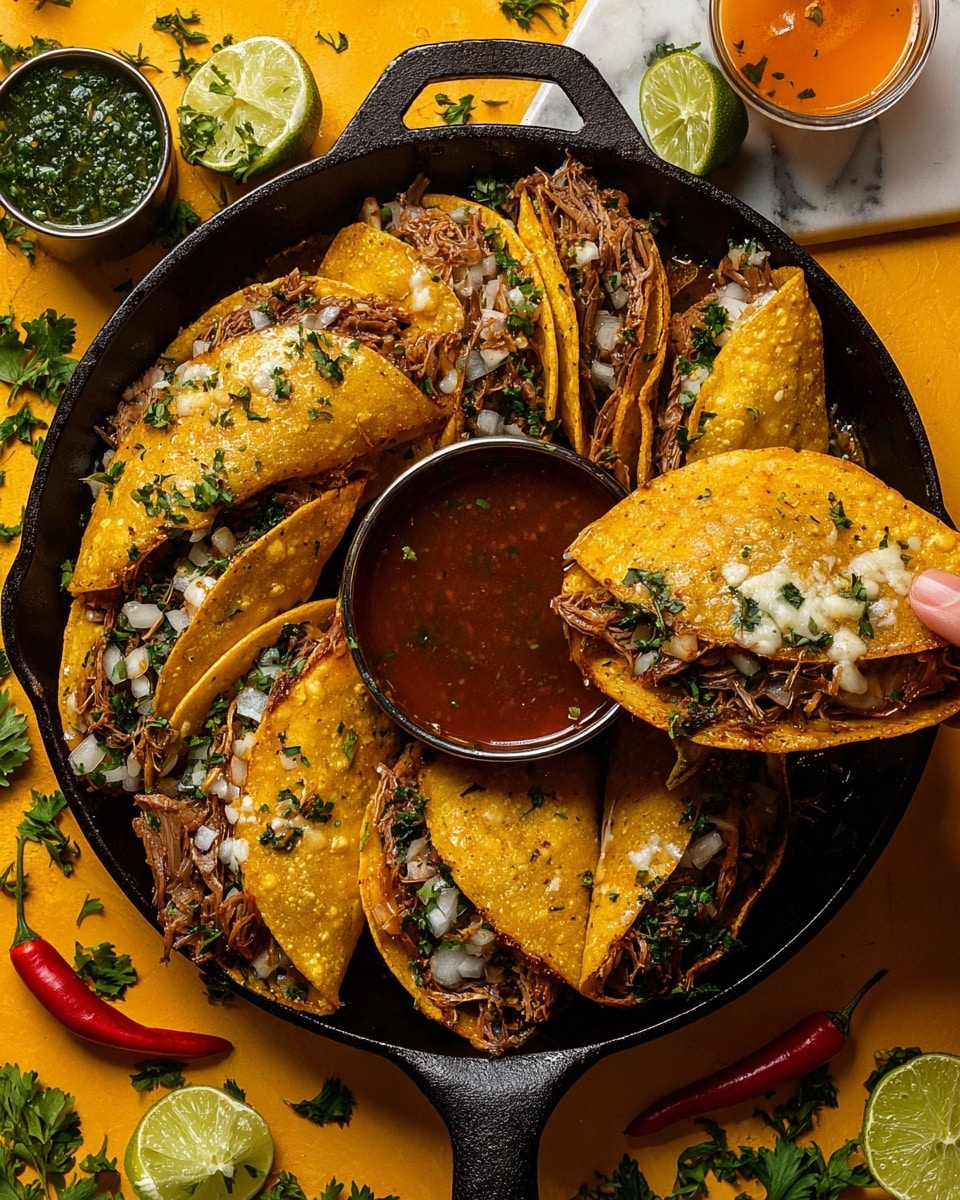 The image shows a black cast iron pan filled with several folded golden-orange tacos. Each taco is slightly crispy with a shiny grilled texture and folded in half, revealing layers of shredded meat mixed with chopped white onions and fresh green herbs. Small wedges of bright green lime are placed around the tacos inside the pan, adding a fresh color contrast. The pan sits on a white marbled surface, surrounded by small bowls of green salsa and orange sauce, along with whole dried red chilies and fresh parsley sprigs scattered around. A wooden-handled knife rests on the top right edge of the pan. photo taken with an iphone --ar 4:5 --v 7