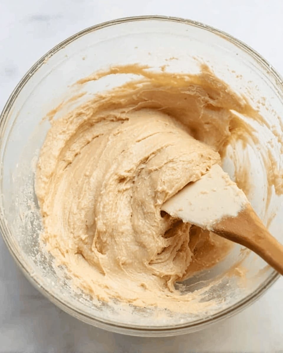A clear glass bowl containing creamy, light beige dough with a thick texture fills most of the image. A wooden spatula with some dough on its wide flat edge is resting inside the bowl on the right side, slightly lifted at an angle. The dough shows smooth and slightly sticky spots, with a few small bubbles and streaks indicating mixing. The setting is on a white marbled surface, softly lit to highlight the texture of the dough and the glass bowl's shine. photo taken with an iphone --ar 4:5 --v 7