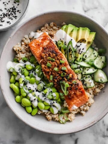 Salmon Bowl with Honey Soy Marinade, Avocado, and Edamame Recipe