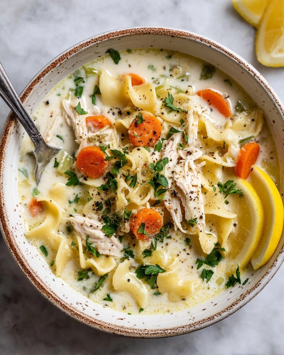 The dish shows a bowl of creamy chicken noodle soup with three main layers. The bottom layer is a smooth, milky white cream broth with small bits of herbs scattered. The middle layer has thick egg noodles that are pale yellow, soft, and curly, mixed with sliced orange carrot rounds. The top layer includes shredded white chicken pieces and fresh chopped green parsley sprinkled all over, with a sprinkling of black pepper for texture. A bright yellow lemon wedge sits on the right inside the bowl’s edge, adding a pop of color. The bowl is white with brown speckles and a slightly raised rim, placed on a white marbled surface. A silver spoon rests inside the bowl on the left side. photo taken with an iphone --ar 4:5 --v 7