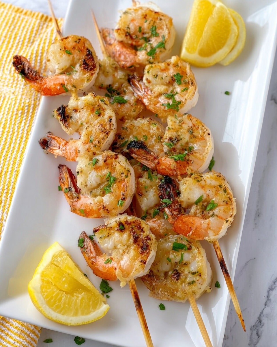 The image shows six grilled shrimp skewers arranged in two neat rows on a white rectangular plate. Each skewer holds three shrimp that are golden brown with grill marks, showing a slightly crispy texture on the outside while the inside looks juicy and tender. The shrimp have a light orange-pink color mixed with white, and small chopped green herbs are sprinkled on top, adding color contrast. Two lemon wedges, bright yellow and fresh, are placed at the bottom corners of the plate. The plate sits on a white marbled surface with a yellow striped cloth partially visible on the left side. Photo taken with an iphone --ar 4:5 --v 7