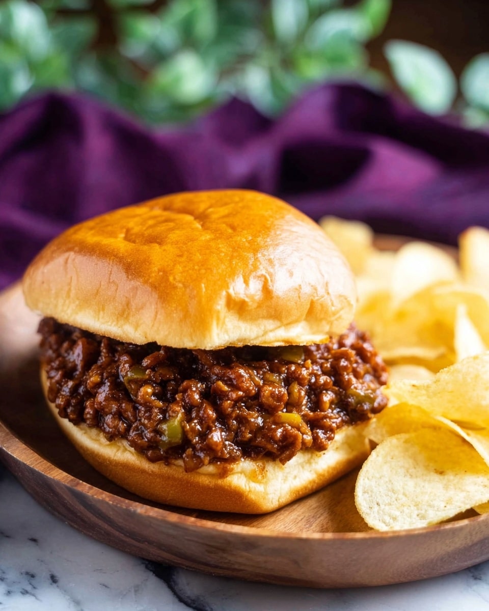 A sandwich with a shiny, soft golden-brown top bun sits on a wooden plate. Inside, there is a thick layer of dark brown, glossy ground meat mixed with small green bits that look like pickles or relish. Next to the sandwich, there are several light yellow, crispy potato chips. The background is out of focus, showing some green plants and a deep purple cloth underneath the wooden plate. The surface is a white marbled texture. Photo taken with an iphone --ar 4:5 --v 7