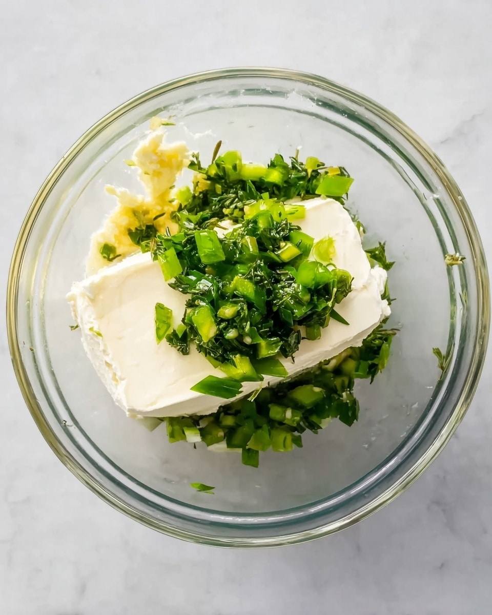 A clear glass bowl sits on a white marbled surface, holding a block of soft white cream cheese at the center. On top of the cream cheese and around it are small chopped bright green peppers and finely chopped dark green herbs. Near the cream cheese, there is a small amount of light yellow minced garlic. The textures range from smooth cream cheese to the finely chopped vegetables and herbs. photo taken with an iphone --ar 4:5 --v 7