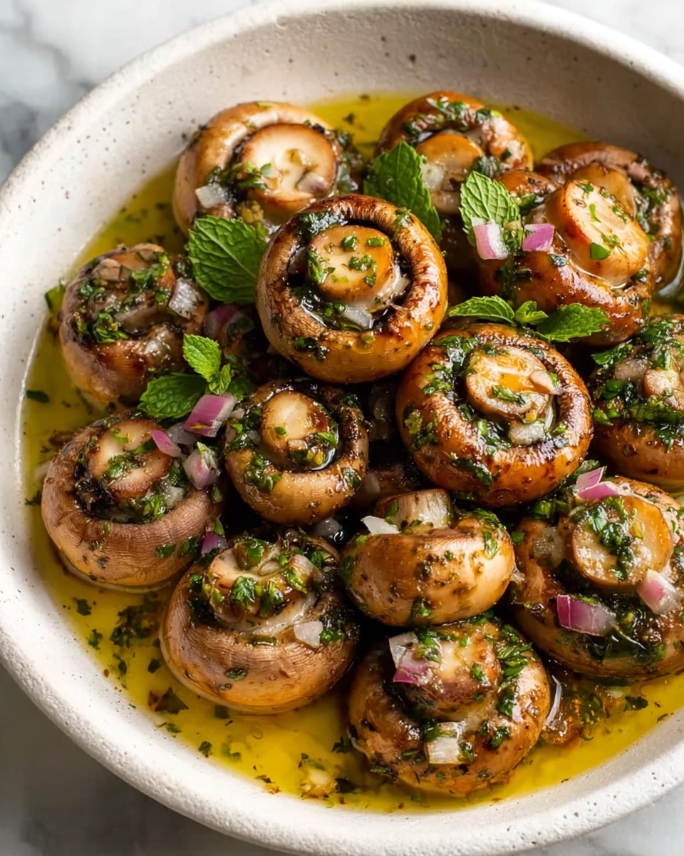 A white bowl filled with cooked whole mushrooms submerged in a golden oily sauce mixed with small pieces of green herbs and finely chopped red onions, creating a colorful contrast above the smooth mushroom caps. The mushrooms vary in size and are arranged closely together, giving a fresh and glossy look to the dish with a sprinkle of chopped parsley and a few mint leaves on top. The bowl sits on a white marbled surface. Photo taken with an iphone --ar 4:5 --v 7