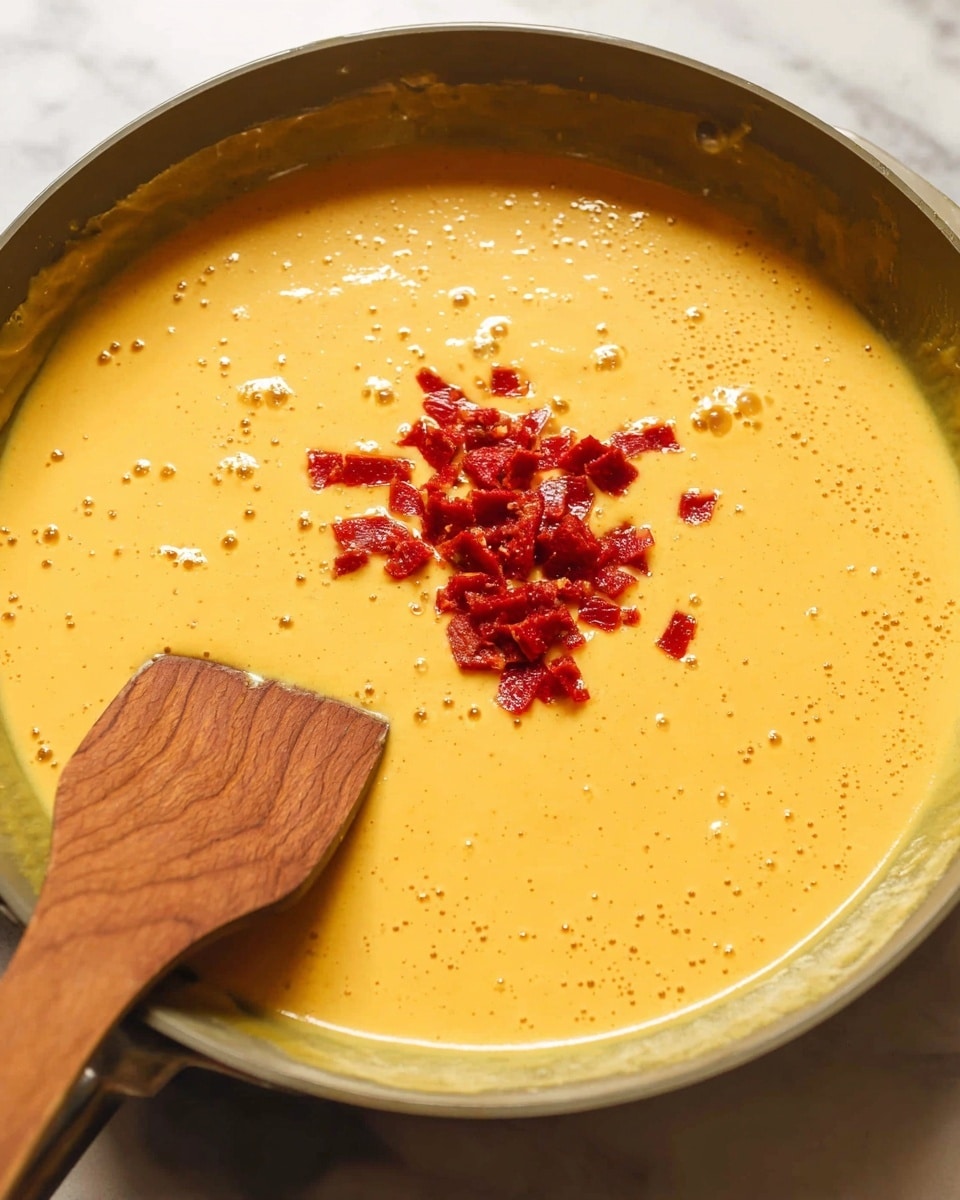 A close-up of a pan filled with a thick, smooth, yellow-orange sauce with small air bubbles on the surface. In the center, there are bright red chunks sprinkled over the sauce. A wooden spatula is placed in the pan, partly submerged in the sauce, with the handle resting on the edge. The pan is on a white marbled surface. photo taken with an iphone --ar 4:5 --v 7
