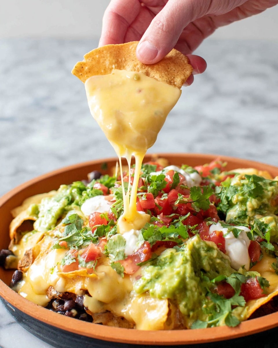 A close-up view of a woman's hand holding a single tortilla chip covered with melted light yellow cheese sauce that drips slightly. Below, there is a shallow orange bowl filled with a colorful mix of layers including a base of tortilla chips, dark black beans, bright green guacamole, dollops of white sour cream, red chunky salsa, light brown creamy cheese sauce, and fresh green cilantro leaves scattered on top. The dish sits on a white marbled surface. photo taken with an iphone --ar 4:5 --v 7