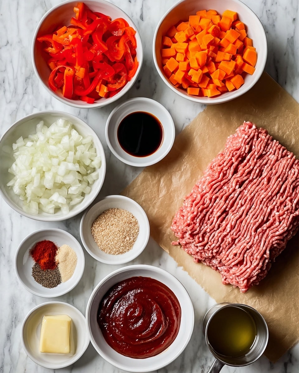 The image shows a set of ingredients arranged neatly on a white marbled surface. On the right side, there is a large block of ground meat with a pink texture, lying on brown parchment paper. Surrounding it, there are white bowls with diced orange carrots, finely chopped white onions, and red bell peppers, each bowl filled fully. Smaller white bowls contain dark soy sauce, a pale yellow liquid, crushed garlic, a creamy beige paste, light brown sugar, a mix of ground spices including black and red powders, and a deep red tomato paste with a smooth, thick texture swirled on the surface. There is also a small metal cup filled with a greenish broth or liquid. The composition is clean and organized, highlighting the vivid colors and textures of each ingredient clearly. photo taken with an iphone --ar 4:5 --v 7