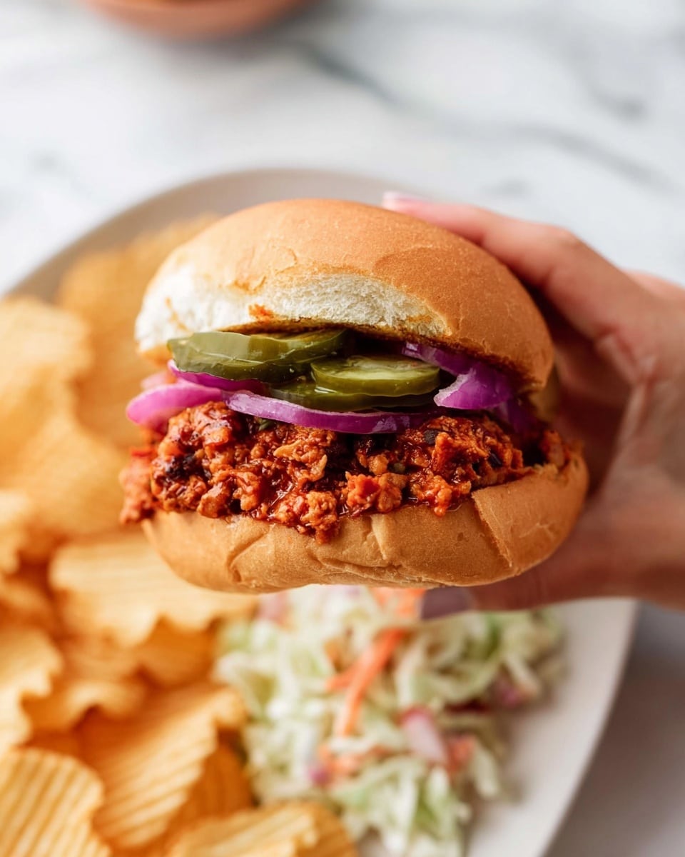 A sandwich held by a woman's hand shows three visible layers inside a soft, light-brown bun: the bottom layer is a chunky mix of reddish brown shredded meat with small bits of red and orange vegetables; above that is a layer of thin purple onion rings; the top layer includes two slices of green pickles. In the background, there is a white plate with a pile of wavy, golden potato chips and a serving of white shredded cabbage salad. The surface underneath is a white marbled pattern. photo taken with an iphone --ar 4:5 --v 7