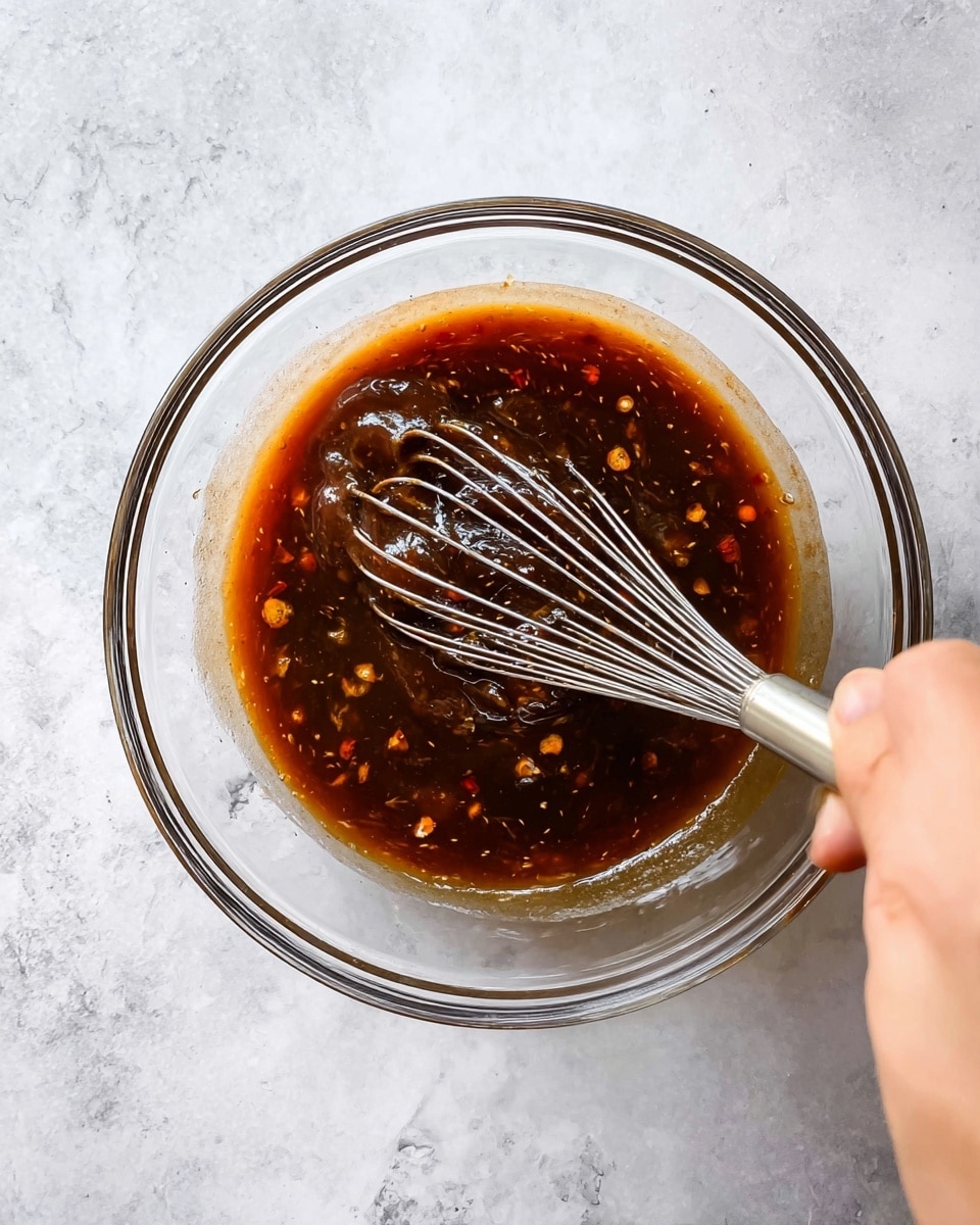 A clear glass bowl sits on a white marbled surface, containing a dark brown sauce with small orange bits scattered throughout. A metal whisk is dipped into the sauce, and a woman's hand is seen holding the whisk from the right side of the image. The sauce has a thick but smooth texture, with a shiny surface reflecting the light. Photo taken with an iphone --ar 4:5 --v 7