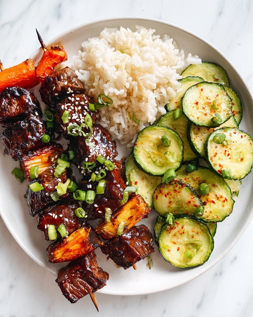 A white plate on a white marbled surface holds a colorful meal with three main parts: on the left side is a small pile of light, fluffy white rice; in the center, there are two skewers with dark brown grilled cubes of meat, bright orange carrot slices, and green spring onions, all coated in a shiny glaze and sprinkled with white and black sesame seeds and chopped green onions; on the right side is a pile of thinly sliced cucumber rounds seasoned with small black seeds and light red flakes. The dish is well arranged with vibrant colors and glossy textures. photo taken with an iphone --ar 4:5 --v 7