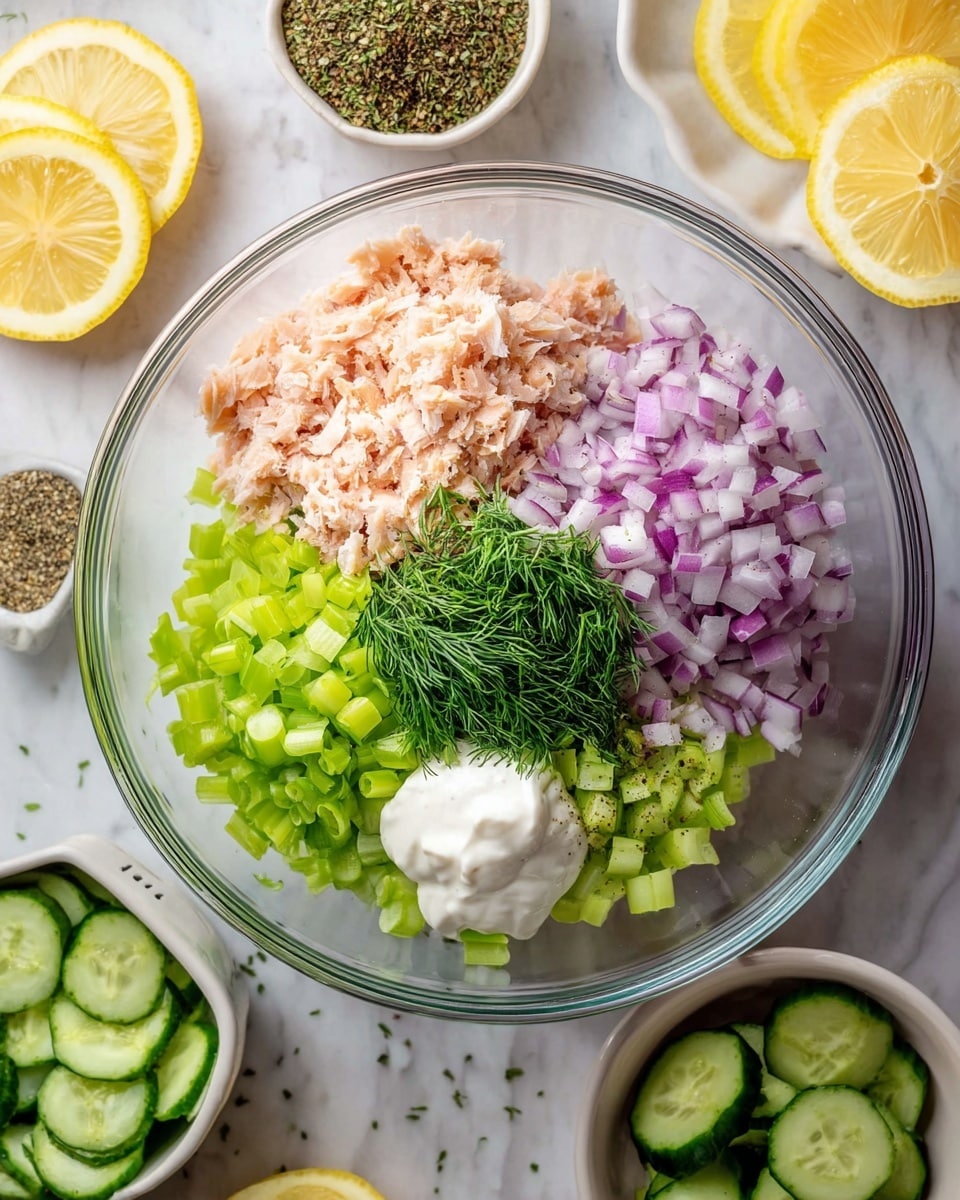 A clear glass bowl holds six distinct layers of ingredients arranged in separate clusters: light pink flaked salmon on the bottom left, bright green chopped celery on the bottom right, a dollop of white mayonnaise on the top right, finely chopped purple onions in the center, fresh green dill on the top left, and a pile of coarse black pepper resting slightly on the celery and onions. The bowl sits on a white marbled surface with scattered slices of lemon, pink onions, cucumber slices in a white bowl, and a small bowl of more dill around it. Photo taken with an iphone --ar 4:5 --v 7