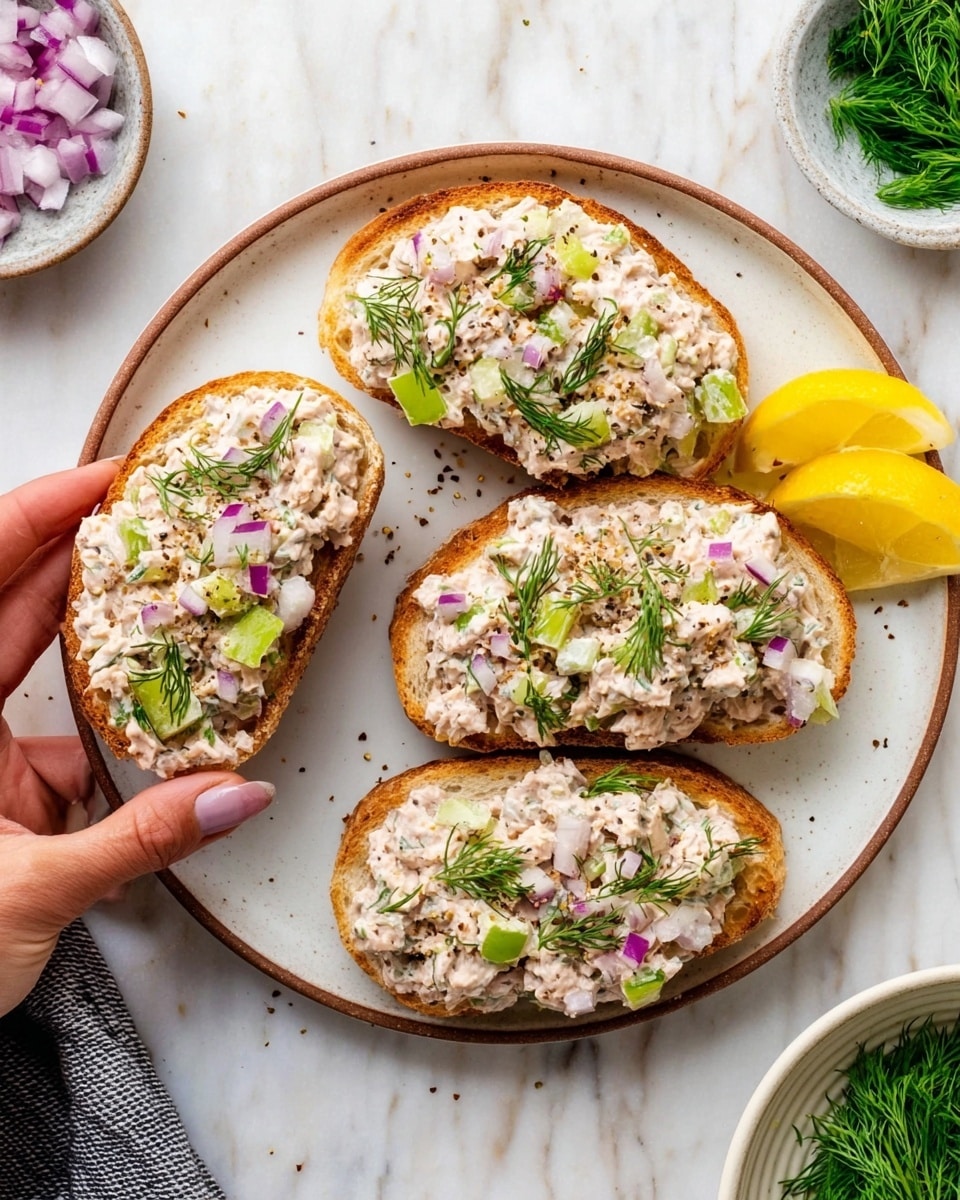 Three toasted golden brown slices of bread lay on a white plate with a brown rim on a white marbled surface. Each slice is topped with a thick layer of light beige tuna salad mixed with small green celery pieces and finely chopped red onions. The tuna salad is sprinkled with fresh green dill and cracked black pepper. A woman's hand holds one slice on the left side of the plate. There are lemon wedges next to the plate, and small bowls with chopped dill and red onions are seen in the background. Photo taken with an iphone --ar 4:5 --v 7