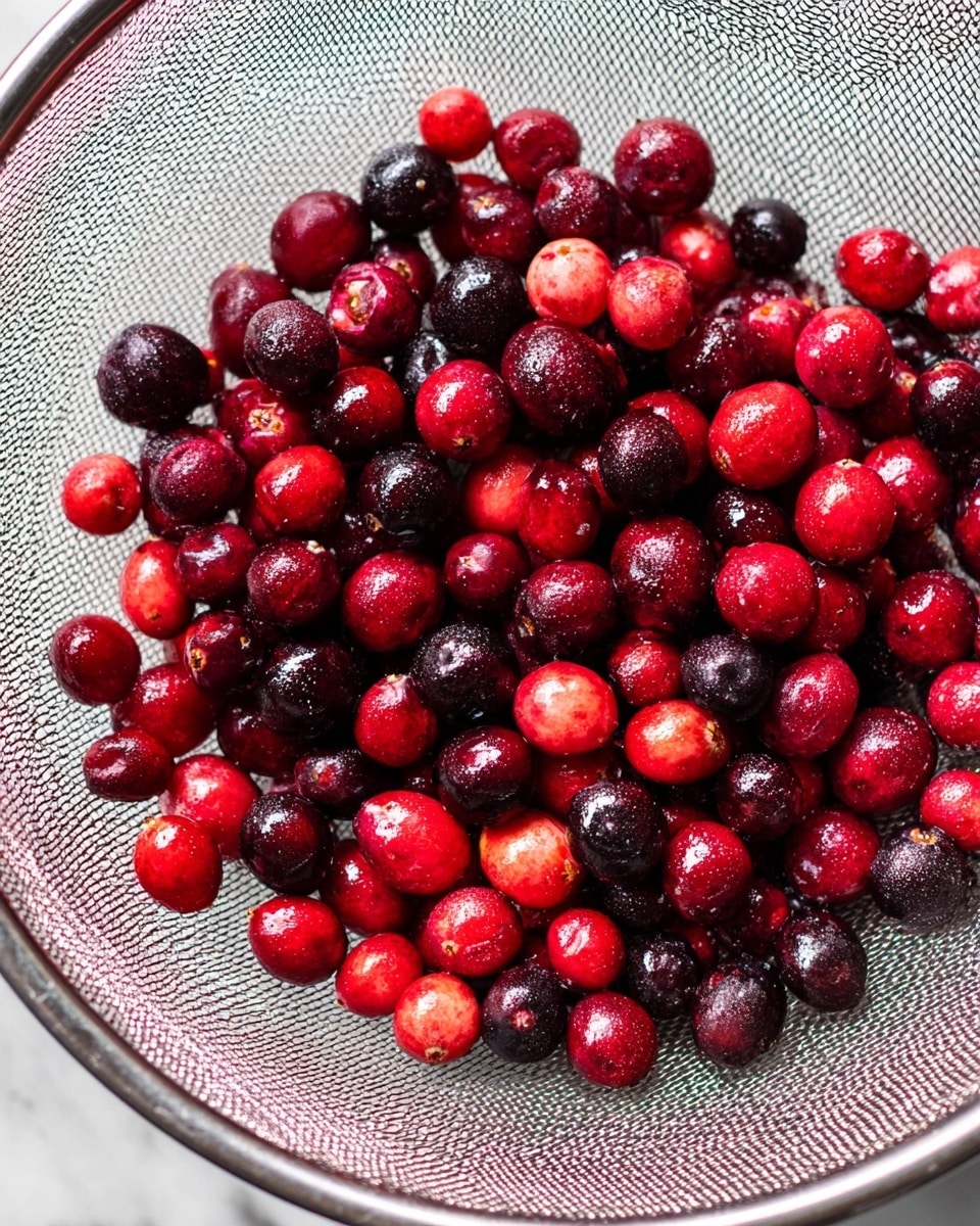 A close-up view shows a round metal sieve full of fresh cranberries. The cranberries are shiny and wet, with colors in deep red, bright red, and dark purple. The mesh of the sieve is fine and silver, surrounding the pile of colorful berries. The background is a white marbled surface that adds brightness to the image. The cranberries fill the sieve almost completely, and no other items are visible. photo taken with an iphone --ar 4:5 --v 7