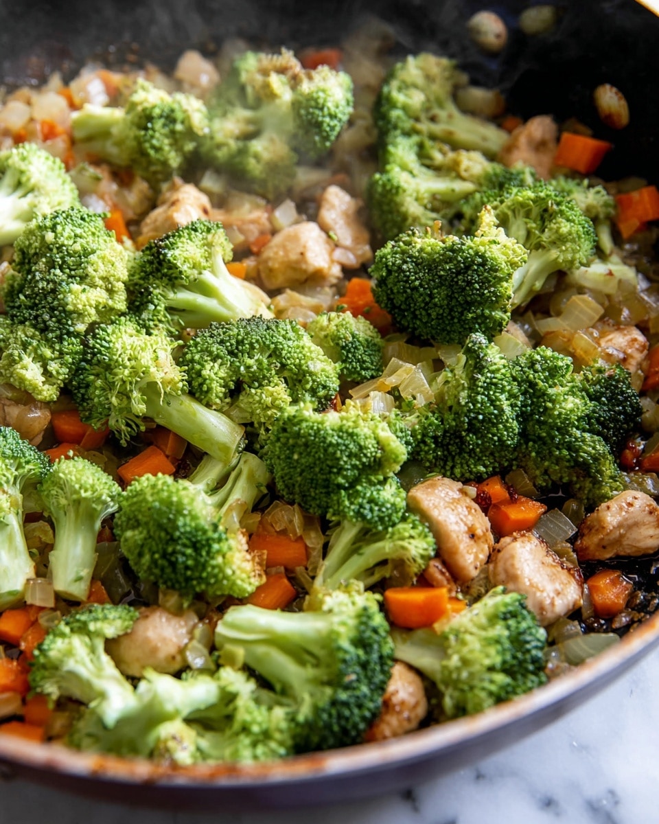 This image shows a close-up of a cooking pan with three main layers visible. The bottom layer has small, browned pieces of light-colored cooked chicken along with diced orange carrots and minced onions, all sizzling with a slight golden sauce. On top, there is a thick layer of bright green broccoli florets with a fresh, crisp texture. The broccoli pieces are large and unevenly spread over the bottom layer. The pan has a slightly browned edge, and some steam rises from the cooking food. The pan is sitting on a white marbled surface. photo taken with an iphone --ar 4:5 --v 7