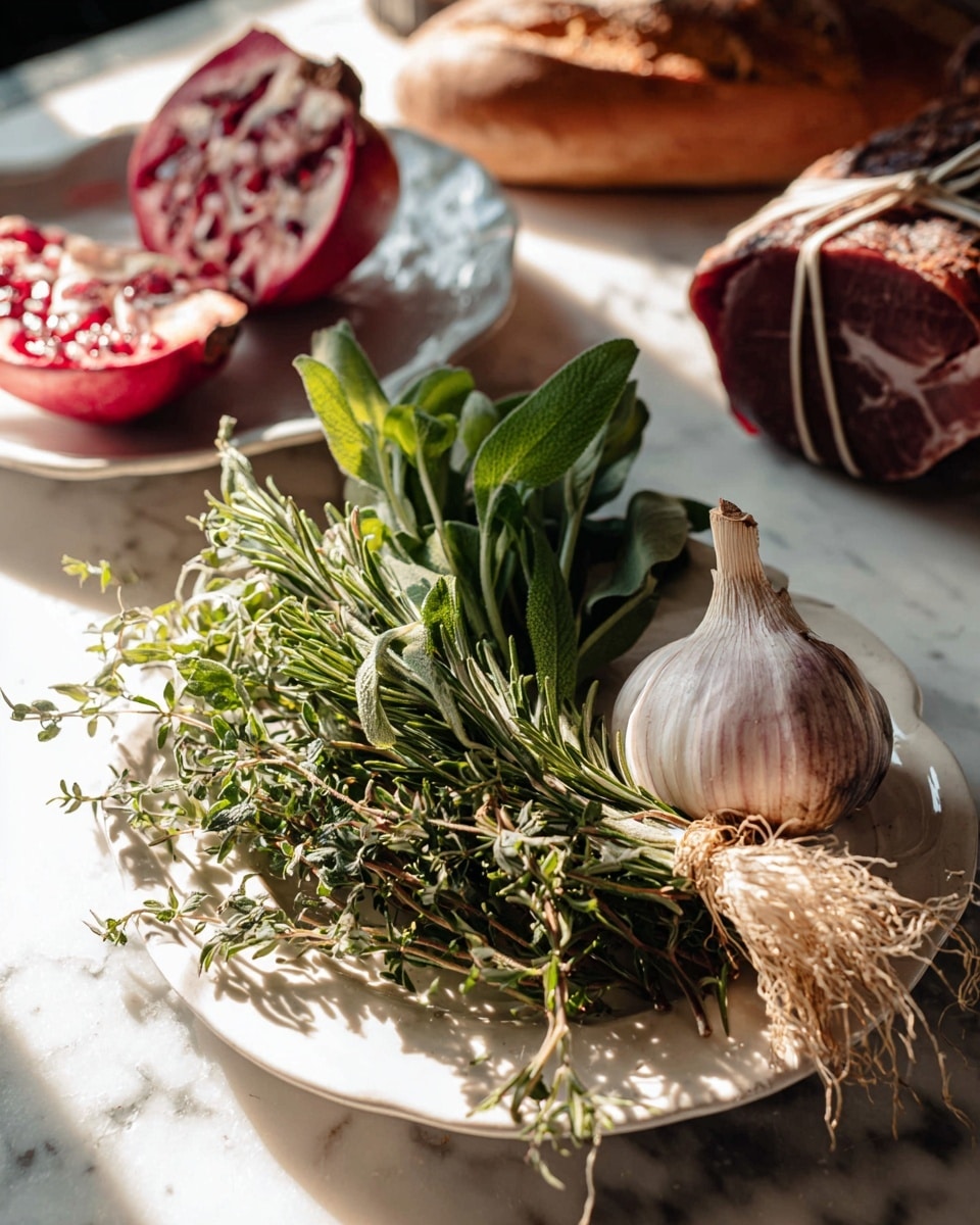 A white plate holds a bunch of fresh green herbs with different shapes and textures, including long thin sprigs of rosemary, thyme, and sage leaves, along with a whole bulb of white garlic with some roots showing on one side, all arranged casually on the plate. Behind the plate, to the left, there is a white dish with a deep red pomegranate sliced open, and in the background, to the right, there is a tied piece of dark cured meat next to a loaf of bread, all placed on a white marbled surface. Sunlight hits the items, creating soft shadows and warm highlights. photo taken with an iphone --ar 4:5 --v 7