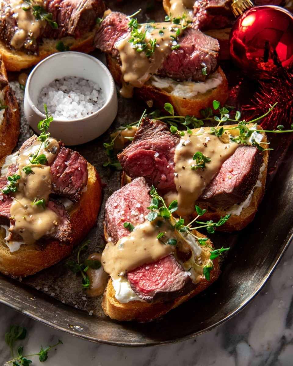 The image shows several open-faced sandwiches arranged on a dark metal tray placed on a white marbled surface. Each sandwich has one layer of light golden toasted bread at the bottom, followed by a spread of creamy white cheese. On top of the cheese, there are thick slices of medium-rare cooked beef with a pink center and seared edges. A smooth light brown sauce is drizzled generously over the beef slices, and small sprigs of fresh green herbs are scattered on top. To the side of the sandwiches, there is a small white bowl containing coarse salt, a red Christmas ornament, and more green herbs. The photo is taken with an iphone --ar 4:5 --v 7