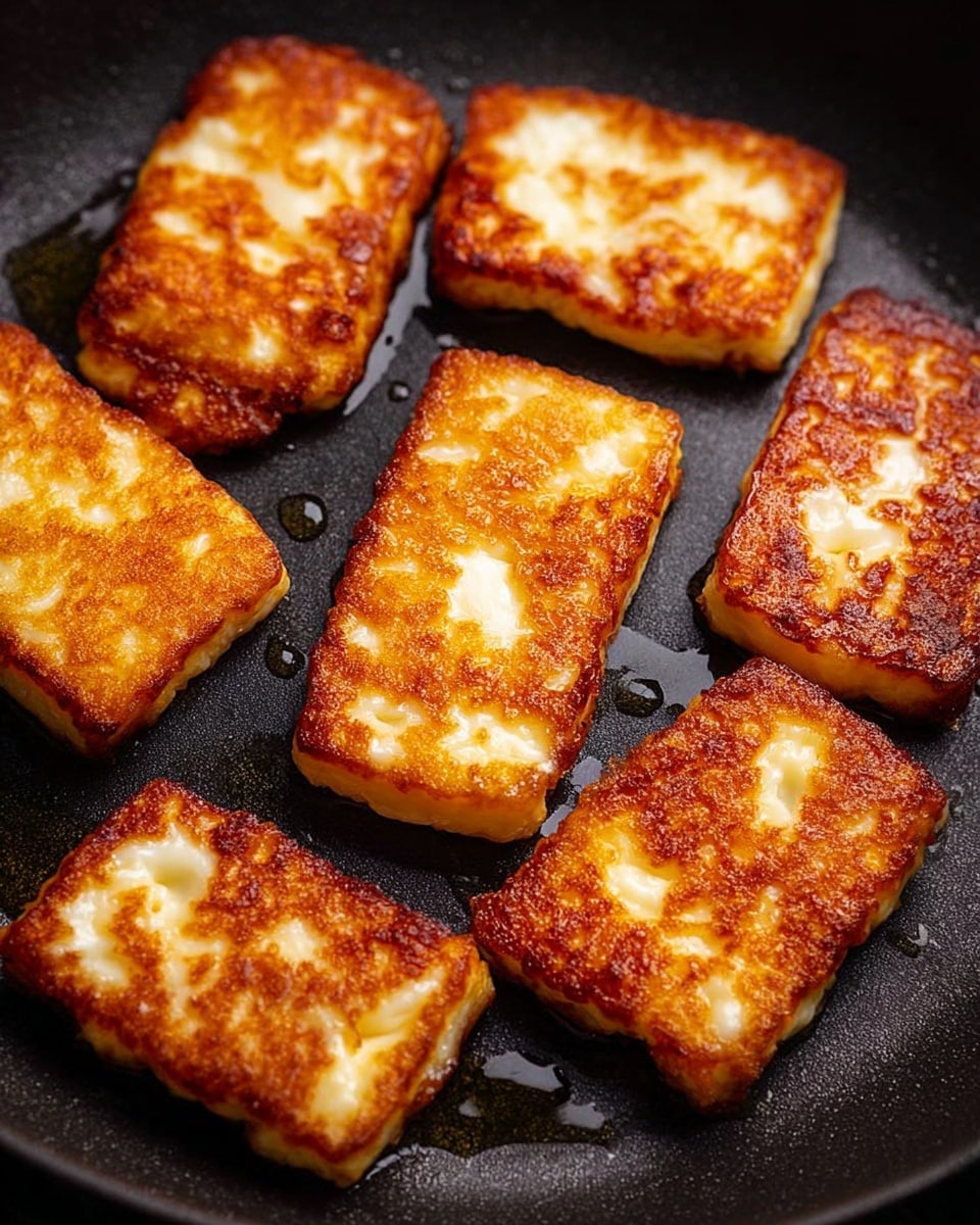 Seven rectangular pieces of golden-brown fried cheese with a crispy texture are arranged in a single layer inside a black frying pan. The cheese has uneven browning, showing patches of white melted surface mixed with deep amber crust. Small drops of oil glisten around the cheese pieces on the pan's surface. The photo is close-up, capturing the rich texture and color contrast of the frying cheese photo taken with an iphone --ar 4:5 --v 7