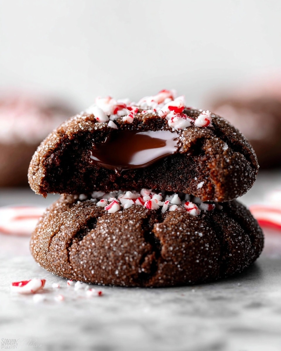 This image shows two stacked chocolate cookies on a white marbled surface. The bottom cookie is whole with a rough, sugary texture and dark brown color. On top is a half-eaten cookie with a soft, crumbly inside. The top cookie has a glossy pool of dark chocolate in the center, sprinkled with small pieces of red and white peppermint candy. The background is blurred, focusing on the cookies' rich, textured surface. Photo taken with an iphone --ar 4:5 --v 7