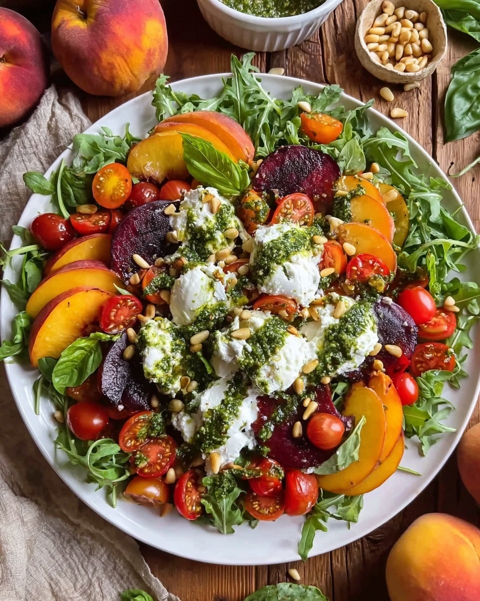 A round white plate is filled with fresh dark green leafy arugula as the base layer. On top, there is a mix of halved bright red cherry tomatoes and slices of reddish-purple heirloom tomatoes, along with thin wedges of golden-orange peach slices spread evenly around. In the center, there are dollops of soft white creamy cheese with a slightly rough texture, drizzled with green pesto sauce and sprinkled with small pine nuts. Scattered fresh basil leaves add a pop of vibrant green across the dish. The plate sits on a wooden surface with some tomatoes, peaches, and a small white bowl of pine nuts placed nearby. Photo taken with an iphone --ar 4:5 --v 7