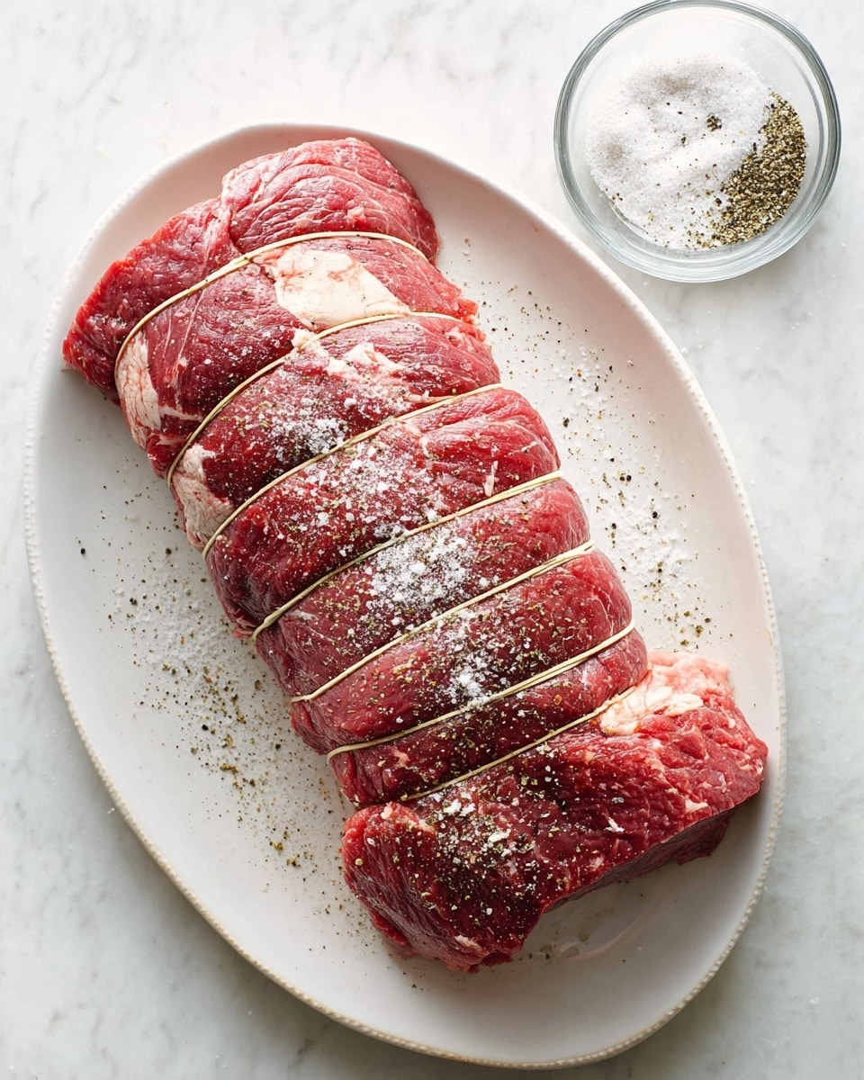 A large raw beef roast tied with light brown kitchen twine is placed on a smooth white oval plate. The roast has deep red color with patches of light fat and is sprinkled unevenly with coarse white salt and ground black pepper. The plate rests on a white marbled surface. Next to the plate is a small clear glass bowl holding more coarse salt and black pepper. The shot is bright and clean, showing the textures of the meat and seasoning clearly. Photo taken with an iphone --ar 4:5 --v 7