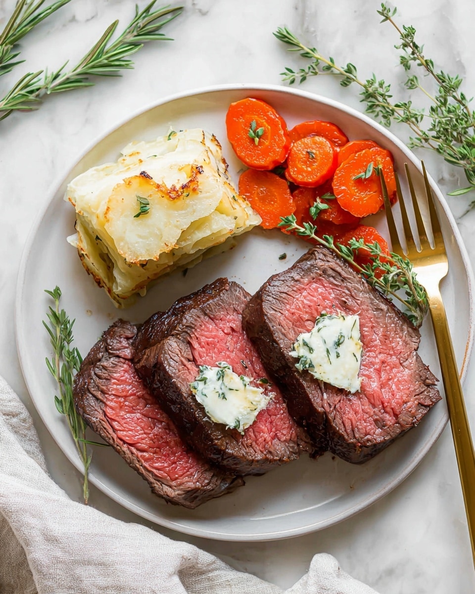 A white plate sits on a white marbled surface, holding three thick slices of medium-rare steak with a dark brown seared edge and a red center; a small dollop of white butter with green herbs and a sprig of rosemary is placed on top of each steak slice. To the left of the steak, there is a layered serving of creamy potato gratin with a light golden baked top, garnished with fresh thyme. Above the gratin, thin carrot slices with a bright orange color and glossy texture are arranged with small green parsley leaves on top. Sprigs of rosemary are scattered around the plate's edge for decoration. A gold fork lies beside the plate, and a cloth napkin is partially visible below. Photo taken with an iphone --ar 4:5 --v 7