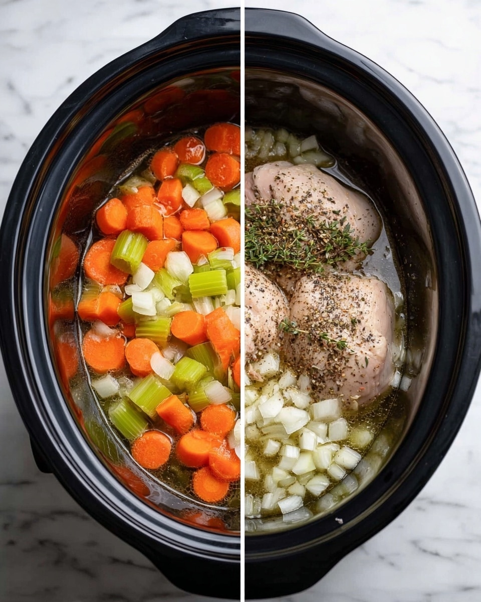 A black slow cooker filled with layers of raw ingredients placed on a white marbled surface. The bottom layer shows two large pieces of pale pink chicken surrounded by bright orange carrot slices on the left, light green chopped celery on the top left, and white chopped onions covering the top center and right. There is a sprinkling of dried black pepper and herbs over the chicken and vegetables. In the second image, the ingredients are covered with a clear broth that slightly floods the vegetables and chicken, making the colors softer but still visible. The top view highlights the mix of pale colors in the broth with the small vegetable pieces dispersed evenly. Photo taken with an iphone --ar 4:5 --v 7