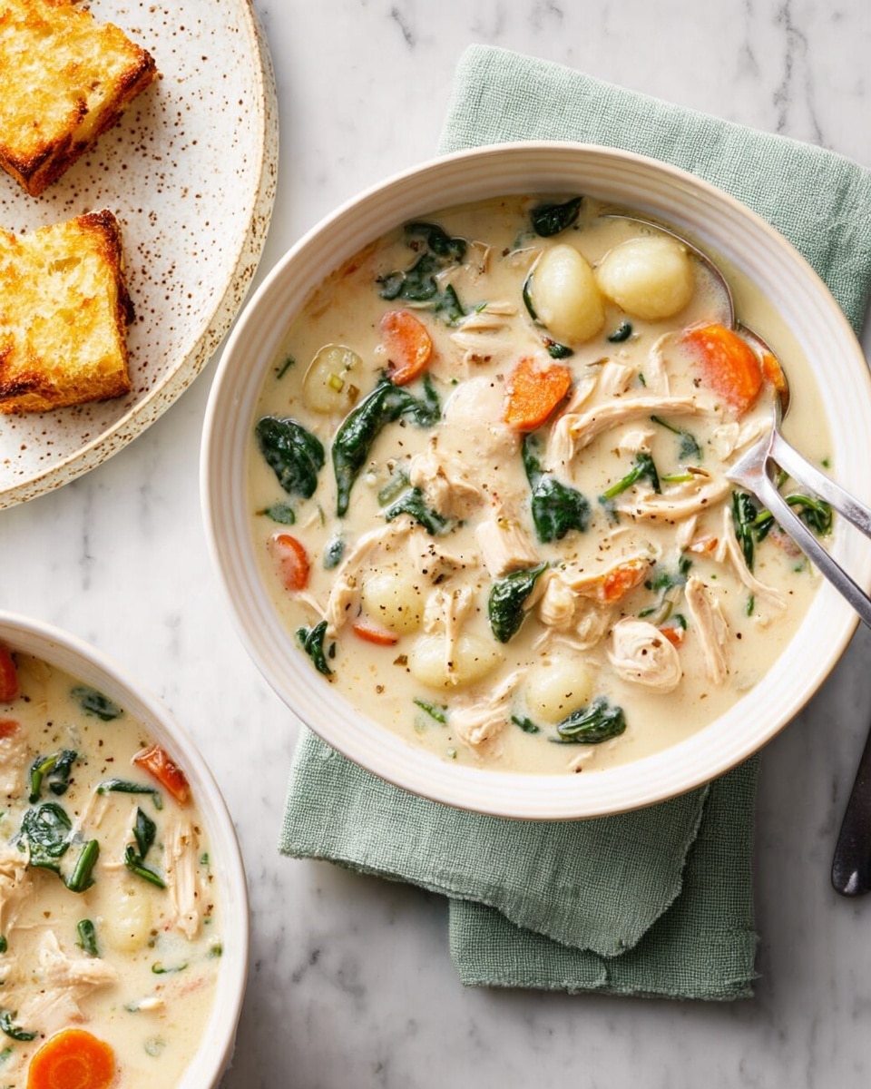 A white bowl filled with thick creamy soup that has pieces of orange carrot slices, green spinach leaves, chunks of white chicken, and small round gnocchi-like dumplings visible throughout. A silver spoon rests inside the bowl, placed on a folded light green cloth. Nearby, part of another white bowl with the same soup is visible. To the left, two small toasted rectangular pieces of bread sit on a white plate with speckled texture. All items are set against a white marbled surface. photo taken with an iphone --ar 4:5 --v 7
