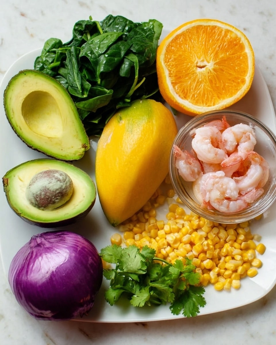 This image shows a white plate on a white marbled surface, with layers of different food arranged neatly. On the bottom left, there is a small pile of bright yellow corn kernels. Next to it, there are two halves of a green avocado, one with the seed and one without. Above the avocado, there is a whole yellow mango. Near the center of the plate, there is a halved orange with the juicy inside visible and a small piece of green leaf on it. Above the orange, there are fresh dark green leafy spinach. To the right side, there is a small clear glass bowl filled with pink cooked shrimp, some of which have tails on. Below the bowl, there is another small pile of yellow corn kernels. At the bottom right of the plate, there is a quarter of a purple onion with a shiny surface. A small bunch of fresh cilantro leaves is placed near the mango. Photo taken with an iphone --ar 4:5 --v 7