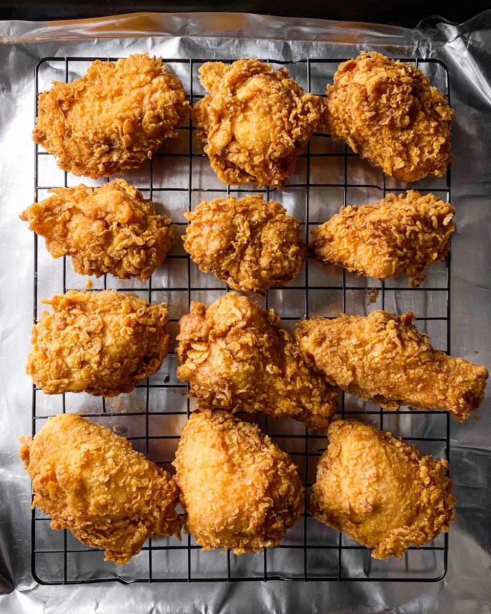 The image shows twelve pieces of crispy fried chicken placed on a black metal cooling rack over a surface lined with aluminum foil. Each piece has a rough, crunchy light golden-brown coating with uneven textured edges. The pieces are arranged in four rows, and the light highlights the different shades of golden brown on the crispy coating, giving a fresh, crunchy look. The surface underneath shines with a soft metallic silver color from the foil. photo taken with an iphone --ar 4:5 --v 7