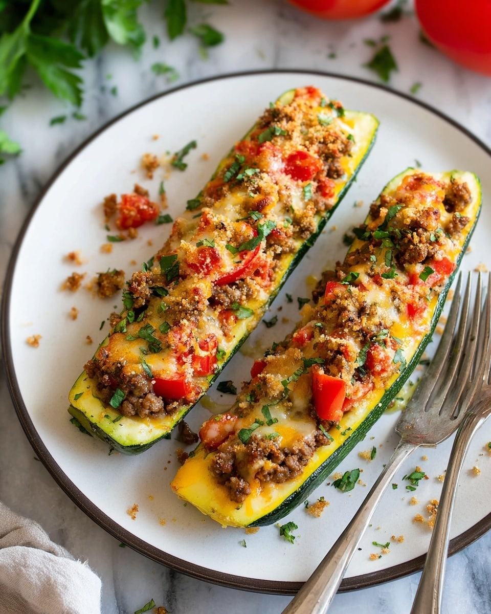 Two stuffed zucchini halves lie side by side on a white plate with a thin dark rim. Each zucchini has three main layers: the green outer skin, a bright yellow inner flesh forming a shallow boat shape, and a top filling layered with browned ground meat, red diced tomatoes, melted light orange cheese, and golden brown breadcrumbs. The filling is sprinkled with bright green chopped herbs. Small bits of filling are scattered around the plate. A silver fork and knife rest on the plate on the right side. The plate is on a white marbled surface, with blurred green leaves and red tomatoes in the background. Photo taken with an iphone --ar 4:5 --v 7