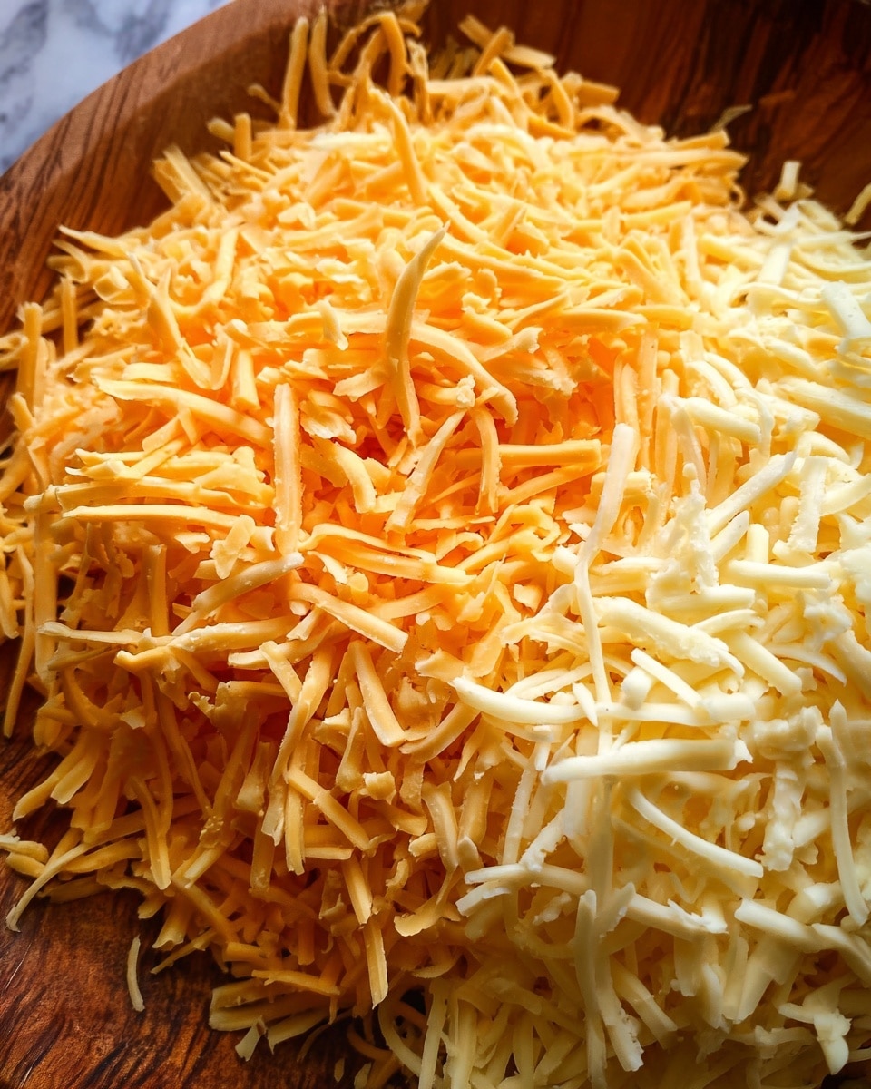 A close-up image showing a heap of shredded cheese in a wooden bowl. The cheese is layered with a soft off-white cheese on the right side and a layer of orange-yellow cheese in the middle and left side. The shredded cheese strands are fine and slightly curved, scattered closely together to create a textured pile. The bowl shows some edges with its warm brown wood grain visible at the left side of the image, and the background shows a blurred white marbled surface. Photo taken with an iphone --ar 4:5 --v 7