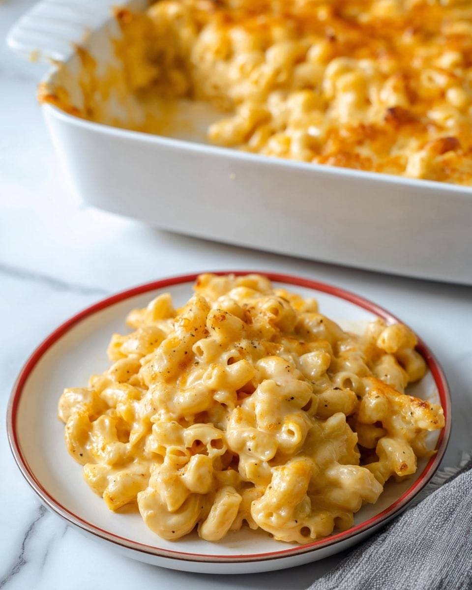 The image shows a close-up of a white plate with a large scoop of creamy macaroni and cheese, made with elbow pasta covered in smooth, light golden cheese sauce with specks of seasoning visible on the surface. Behind the plate is a white baking dish filled to the top with more macaroni and cheese, showing a slightly browned, bubbly cheese layer. The scene is set on a white marbled surface with a grey cloth napkin partially visible near the bottom right corner. photo taken with an iphone --ar 4:5 --v 7