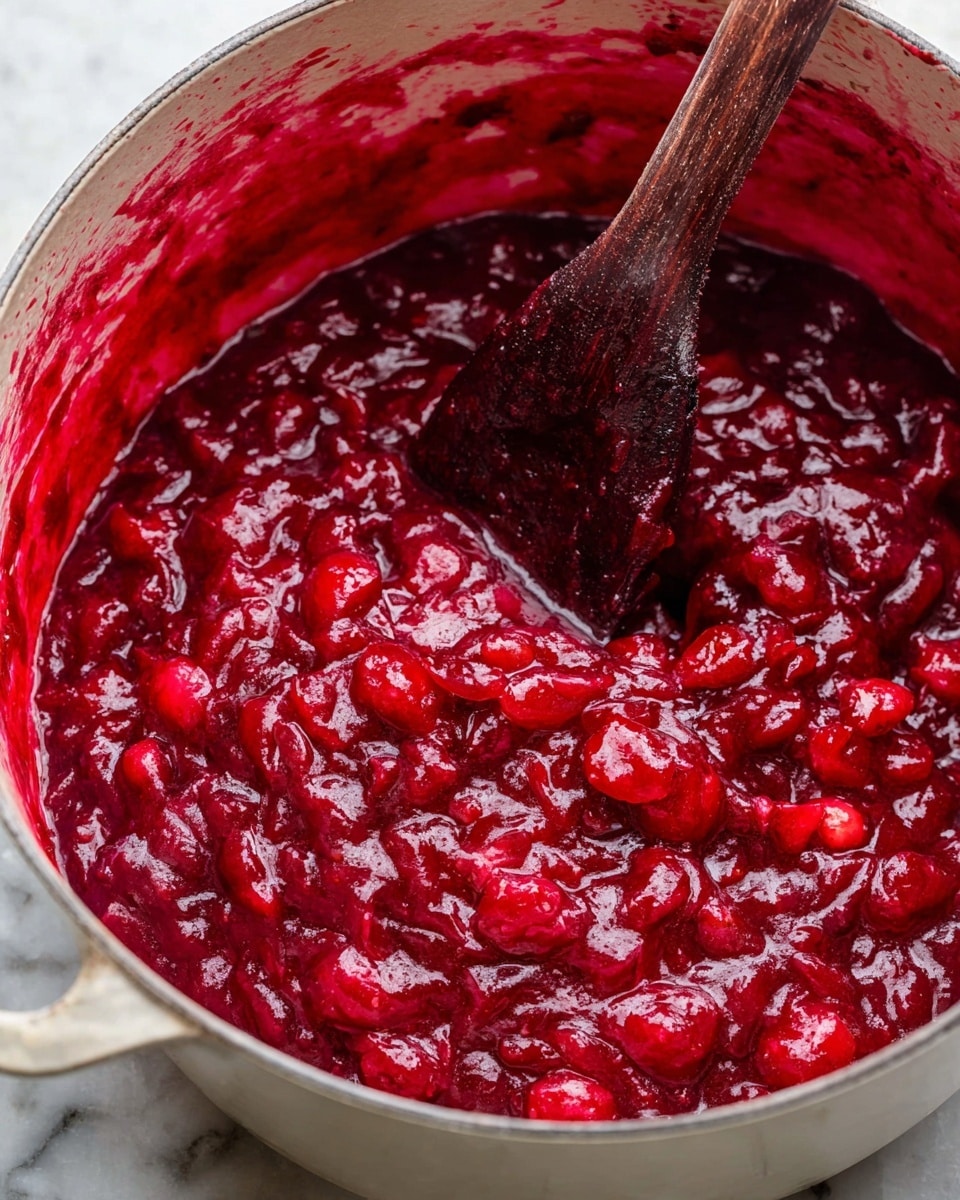 This image shows a close-up of a pot filled with thick, chunky cranberry sauce. The sauce has a deep red color with visible whole and slightly mashed cranberries mixed in. There is a dark wooden spoon resting in the sauce, stained with the red sauce. The inside of the pot is white with some red sauce smeared around the sides, and the pot is placed on a white marbled surface. The texture looks glossy and rich, with both smooth and lumpy parts. photo taken with an iphone --ar 4:5 --v 7