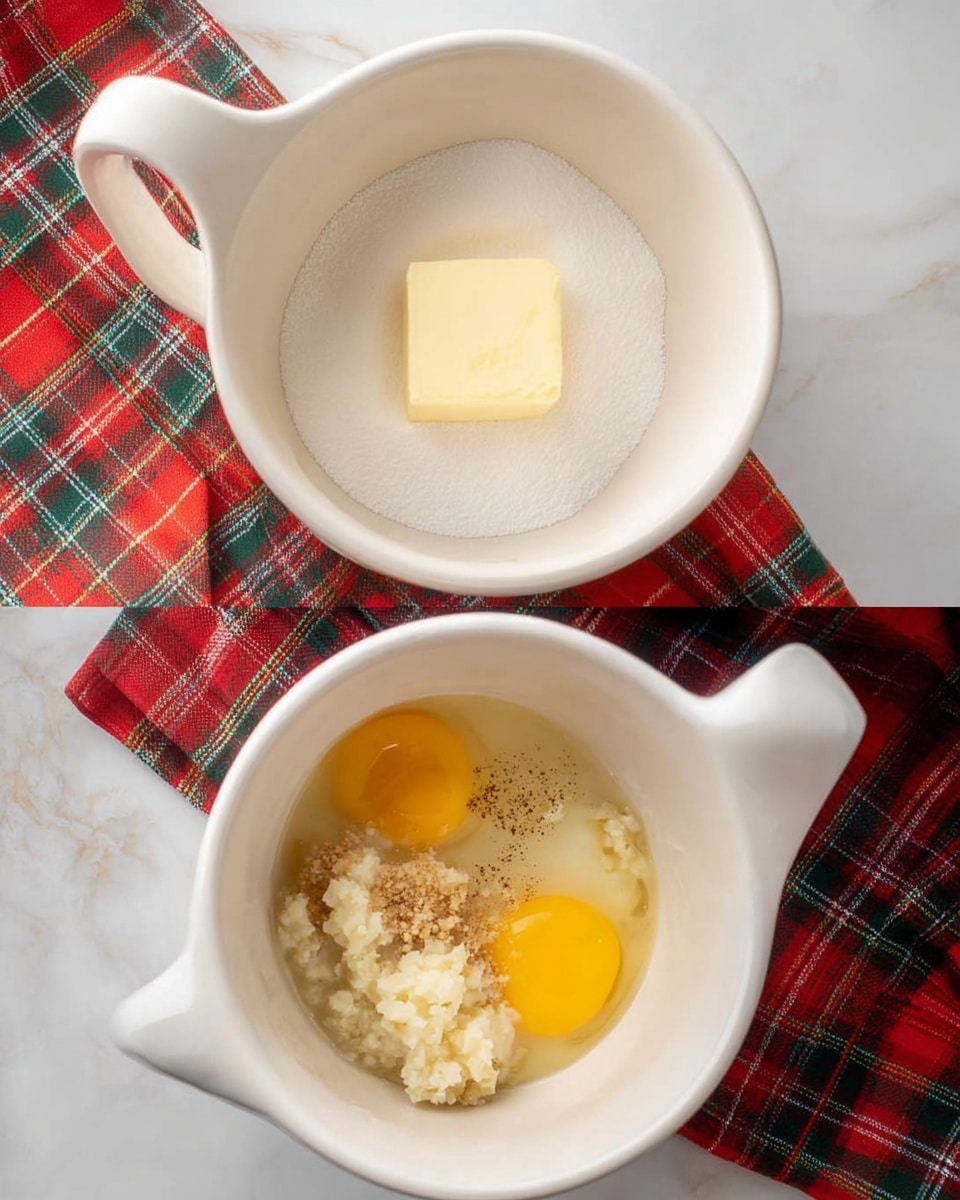 The image shows two white mixing bowls on a white marbled surface with a red and green plaid cloth nearby. In the left bowl, there is a base layer of white sugar topped with a solid stick of butter in the center, both smooth in texture. The right bowl contains a mix of ingredients with three layers visible: a grainy white layer that looks like mashed potatoes or cheese, two bright yellow egg yolks on top of this layer, and some light brown specks scattered across the surface. The bowls have handles and the setting is bright and clean. Photo taken with an iphone --ar 4:5 --v 7