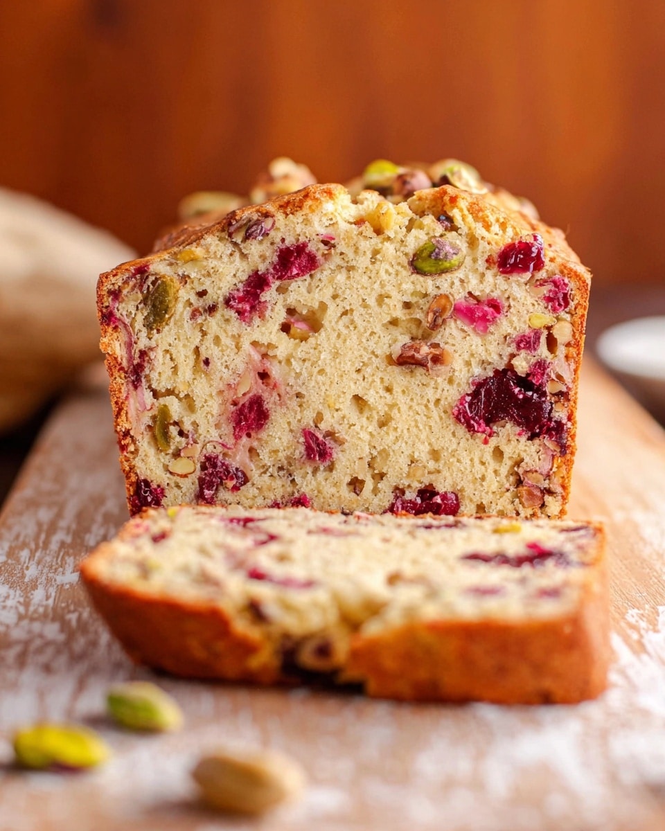 Two thick slices of light golden-brown bread with a soft, airy texture sit stacked slightly on a white plate. The bread is speckled with small pieces of red berries and brown nuts scattered throughout each slice, adding pops of color and texture. The crust edges are a darker golden brown, giving a crisp look, while the inside is pale and moist. The plate is set on a white marbled surface with red berry decorations and a piece of red and green plaid fabric nearby, adding a cozy, festive touch. Photo taken with an iphone --ar 4:5 --v 7