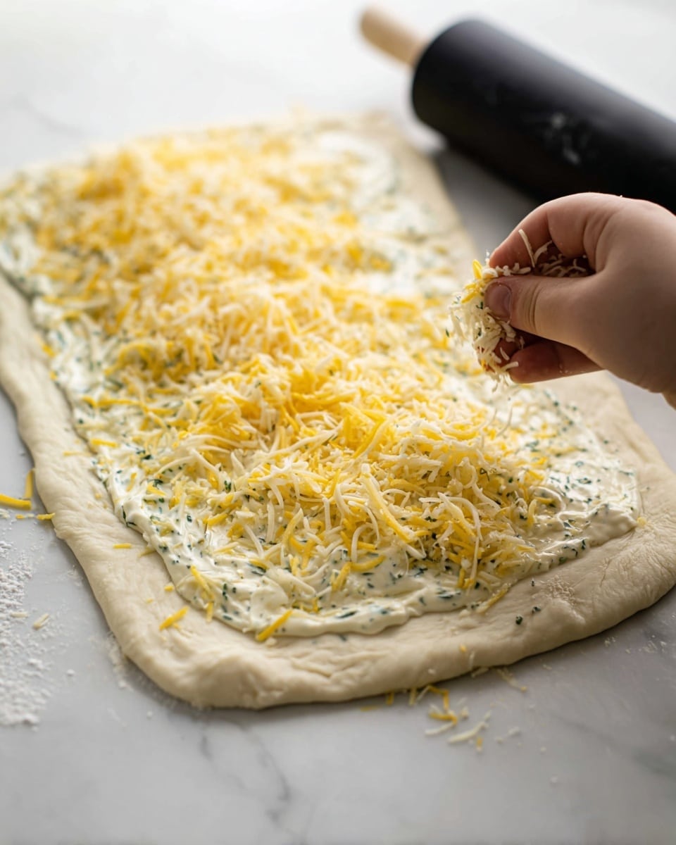 A rectangular flat dough is spread on a white marbled surface, covered with a creamy white sauce speckled with green herbs as the first layer. On top, there is a thick layer of shredded yellow and white cheese scattered evenly across the dough. A woman's hand is shown sprinkling more cheese over the top right side of the dough, adding more texture and color contrast. A black rolling pin is blurred in the background at the top right edge of the image. Photo taken with an iphone --ar 4:5 --v 7