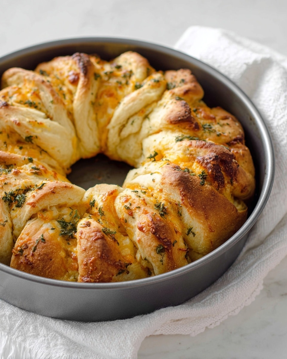 A round baked ring of soft, golden-brown bread sits inside a grey baking pan on a white marbled surface with a white cloth nearby. The bread is made of twisted segments forming clear layers, each showing a light dough with orange melted cheese layers peeking through. Small green herb pieces and a few black seeds are sprinkled evenly on top. The inside edge of the ring is hollow, showing the pan's bottom. The bread has a slightly shiny texture, with browned, thicker baked dough parts giving it a fluffy and tasty look. photo taken with an iphone --ar 4:5 --v 7