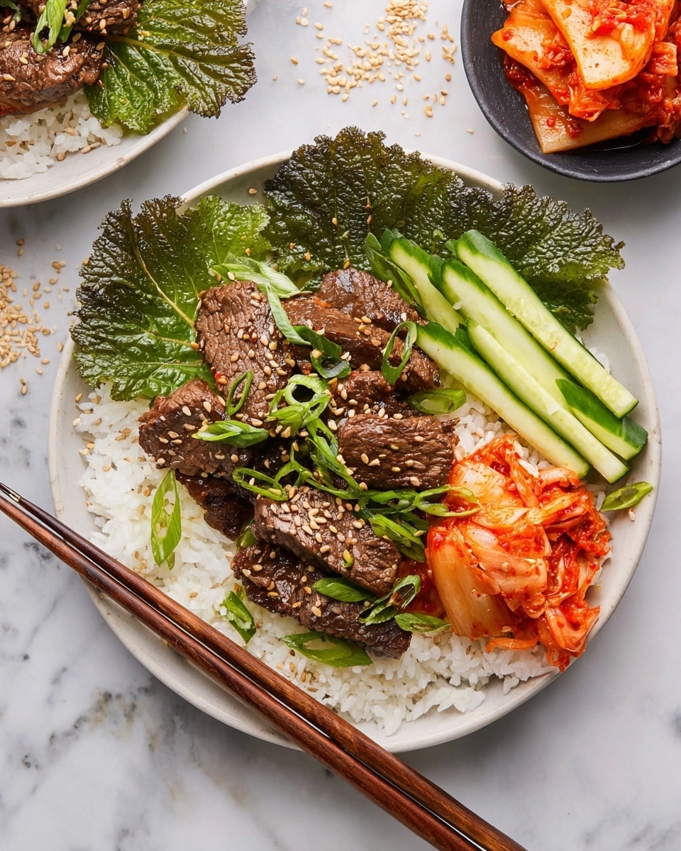 The dish is served on a round white plate with a bed of white rice as the bottom layer. On top of the rice are several pieces of dark brown grilled beef, sprinkled with light tan sesame seeds and bright green sliced scallions. To one side of the beef are pale green cucumber sticks arranged neatly in a small pile. Near the cucumber is a portion of bright orange-red kimchi with a slightly wet texture. On the opposite side of the plate, there are two large dark green leafy greens with a textured surface. Two brown wooden chopsticks rest diagonally across the plate, placed near the rice and beef. The setting is on a white marbled surface with some small scattered sesame seeds nearby. Photo taken with an iphone --ar 4:5 --v 7
