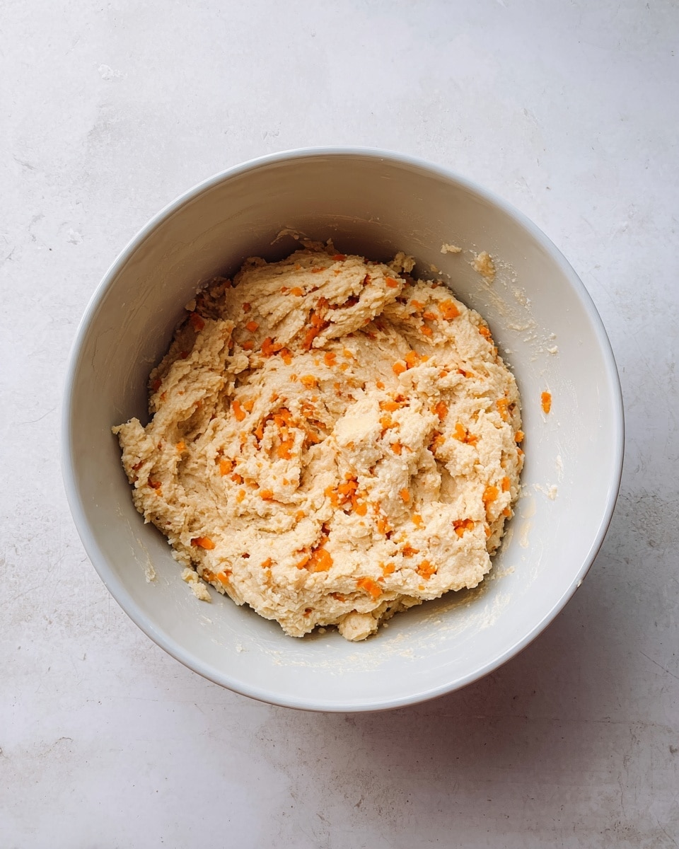 A large white bowl sits on a white marbled surface, holding one layer of rough, thick dough mixed with small, scattered pieces of bright orange carrot. The dough looks soft and uneven, with some cracks and lumps, filling the bowl about halfway. The bright carrot bits add small pops of color against the dough's pale beige tone. photo taken with an iphone --ar 4:5 --v 7