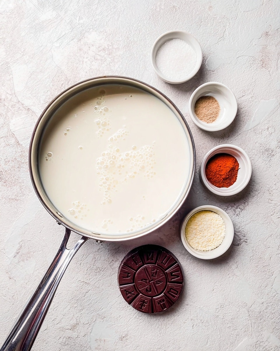 A metal pot filled with white cream liquid with some small bubbles on the surface sits on a white marbled textured background. Around the pot are six small white ramekins; one holds white granulated sugar, one has a clear liquid, one contains a dark brown powder, one has a red-orange powder, one has white granules, and the last holds a six-segmented chocolate disk with letters on each segment. The pot's shiny metal handle extends towards the bottom left corner of the image. photo taken with an iphone --ar 4:5 --v 7