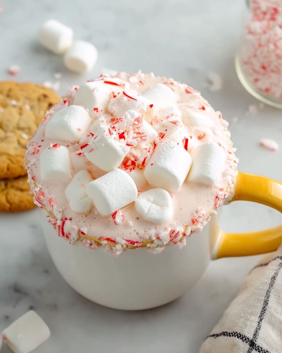 The image shows a white cup with a yellow handle filled with a creamy light pink drink. The cup's rim is decorated with small red and white crushed candy pieces. On top of the drink, there is a layer of big white marshmallows that cover the surface fully. The background is a white marbled texture with some scattered small marshmallows and a cookie in the top left corner. A soft checkered cloth is partly visible on the bottom right side. photo taken with an iphone --ar 4:5 --v 7