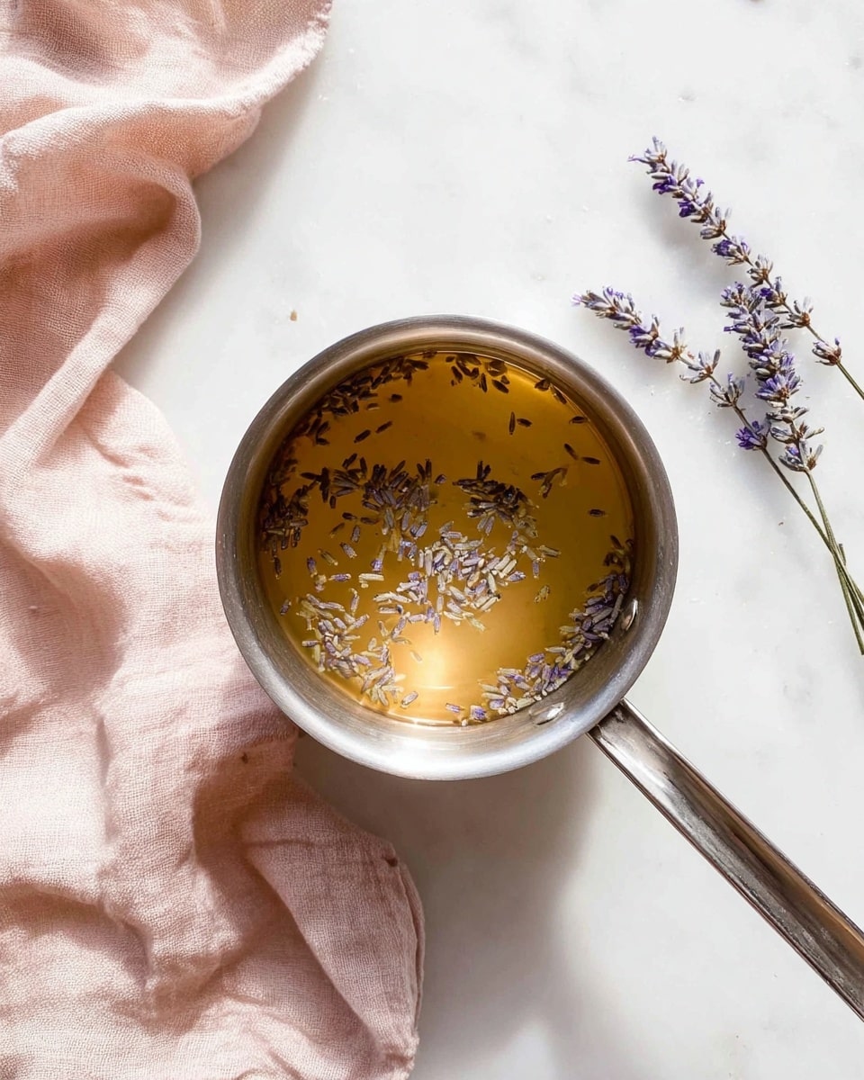 A top view of a small silver pot filled with a clear golden liquid with small dried lavender flowers floating on the surface. The pot handle extends to the right, placed on a white marbled surface. To the left of the pot, there is a soft, crumpled pale pink cloth, and towards the top right corner, two lavender sprigs lie on the surface. The overall setting is bright with soft natural light, highlighting the textures and colors. photo taken with an iphone --ar 4:5 --v 7